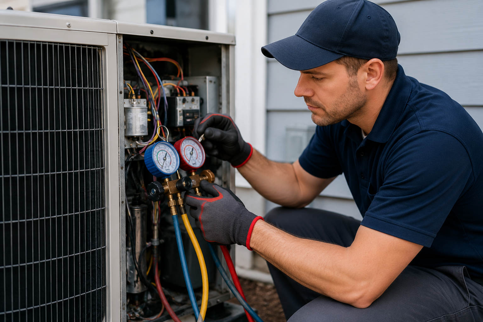 HVAC technician performing maintenance on an air conditioning system
